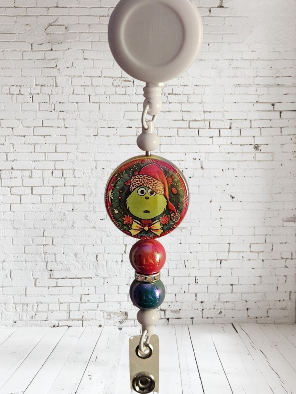 Holiday Grinch Badge Reel with Red and Green Beads